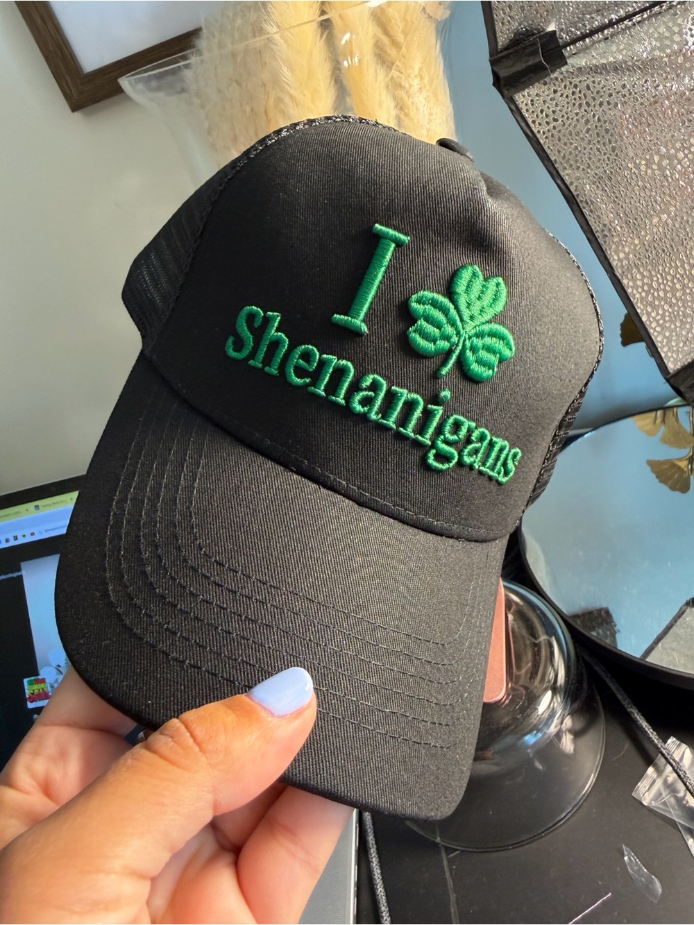 Black Trucker Hat with Green "I Shamrock (love) Shenanigans" Embroidery